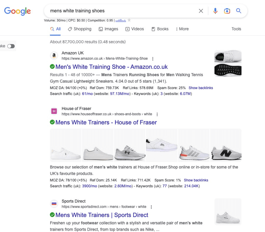 examples of the serps showing the results for mens white training shoes