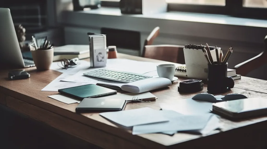 a desk full of a copywriter with content ideas notes and ideas, planning a content strategy is time consuming and used creative energy