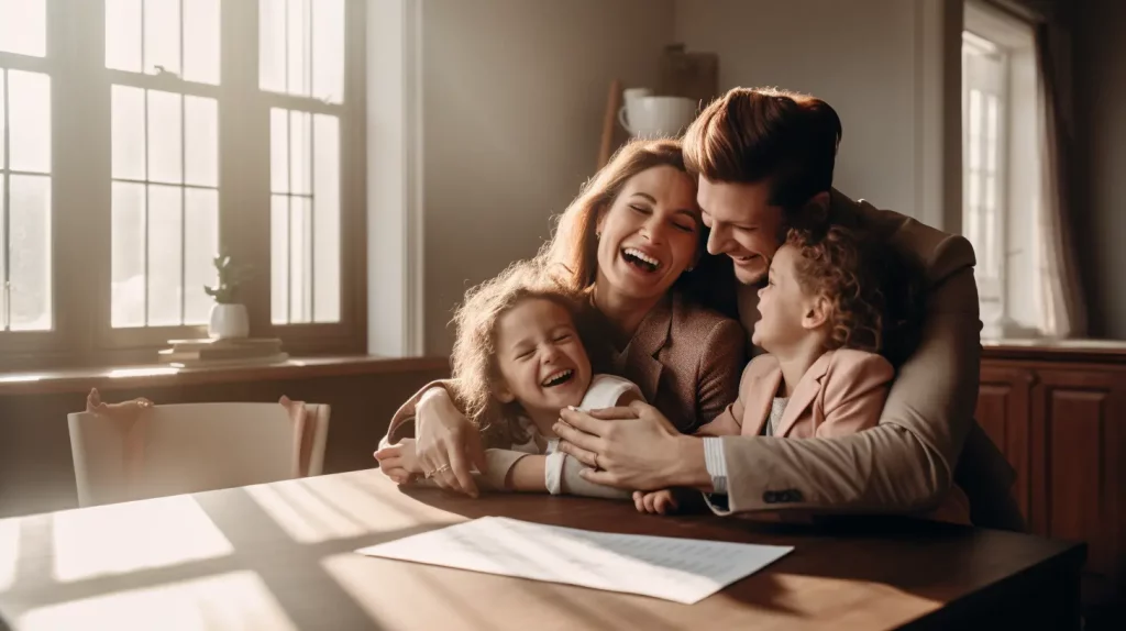 a happy family hug as they sign for their new home - the estate agents used local seo to find the the client who were a perfect client and a willing buyer who 