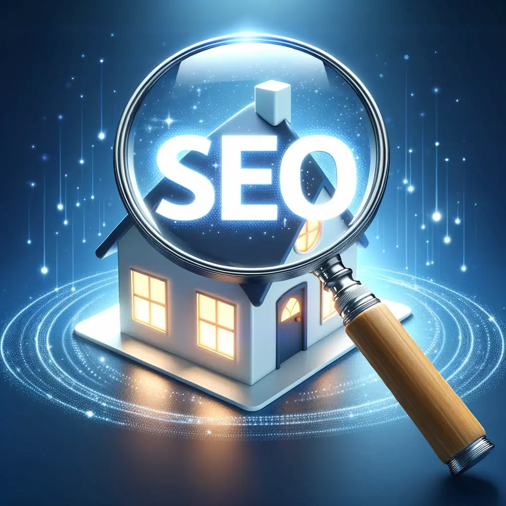 the image shows a magnifying glass focusing on a house, with the letters SEO in the lens. This is to illustrate that for estate agents who use SEO can find more opportunities not only to find the right buyers but the right properties too.