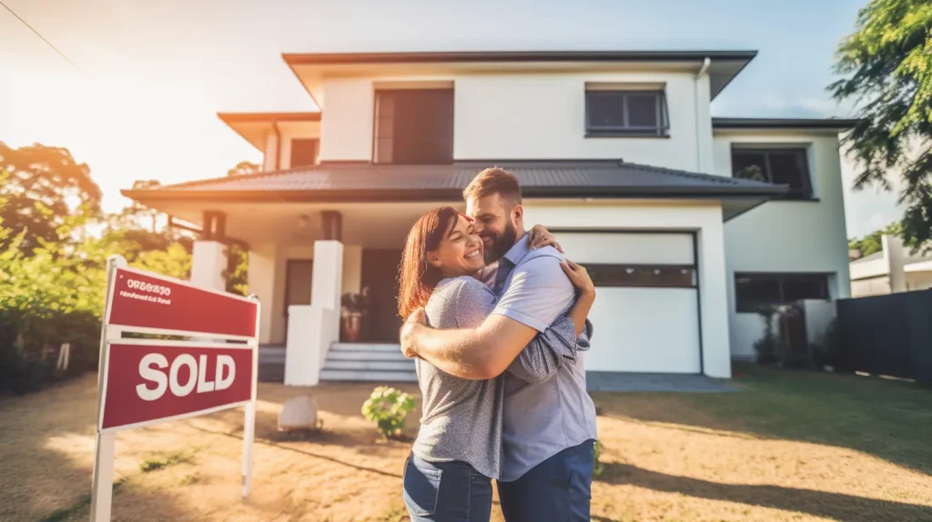 an image showing a young couple in front of their newly purchased home and which they found online through the seo that the estate agent had used to appear high up in google rankings