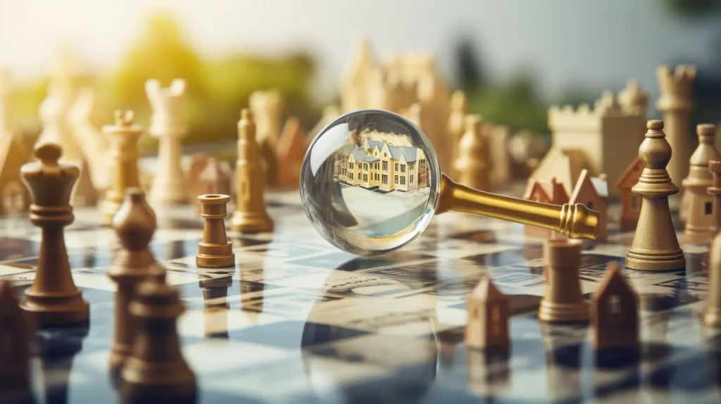 image shows a magnifying glass on a property amongst chess pieces illustrating that seo is a strategic move for estate agents looking to grow their business ahead of competitors